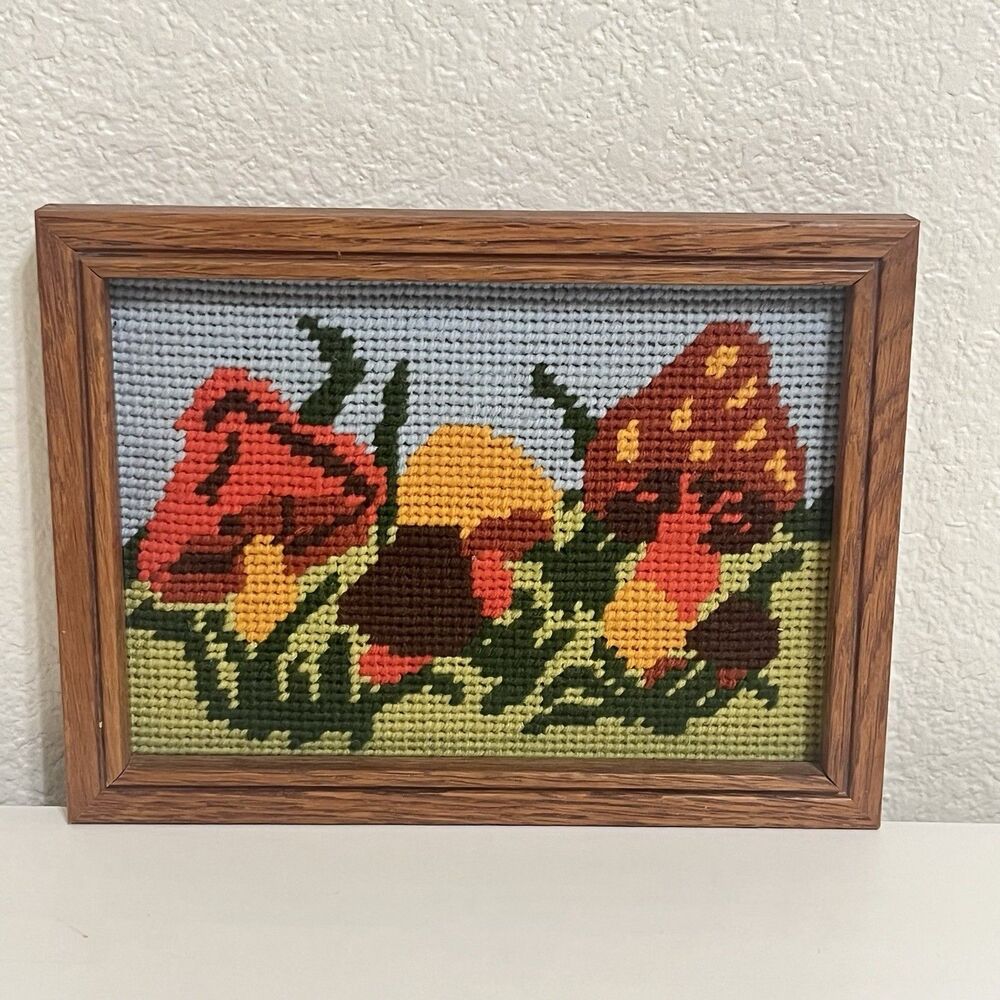 Vintage Mushrooms Needlepoint Completed Art in Frame Wall Hanging 7.75" x 5.75"